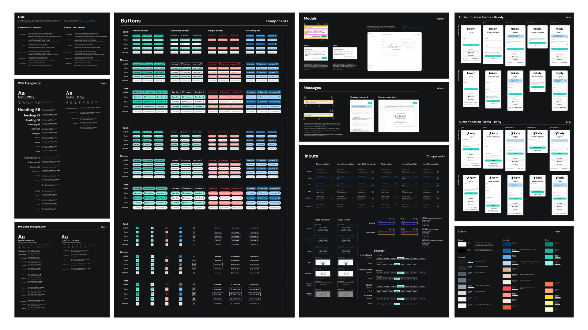 Design system components including buttons, inputs, modals, typography, and color palette